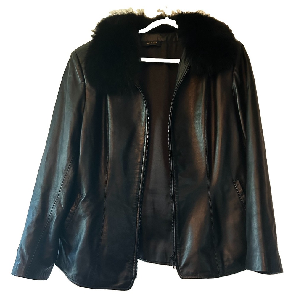 Women Black Vegan Faux Leather Jacket Plush Faux Fur Collar Medium Zip‎ Up